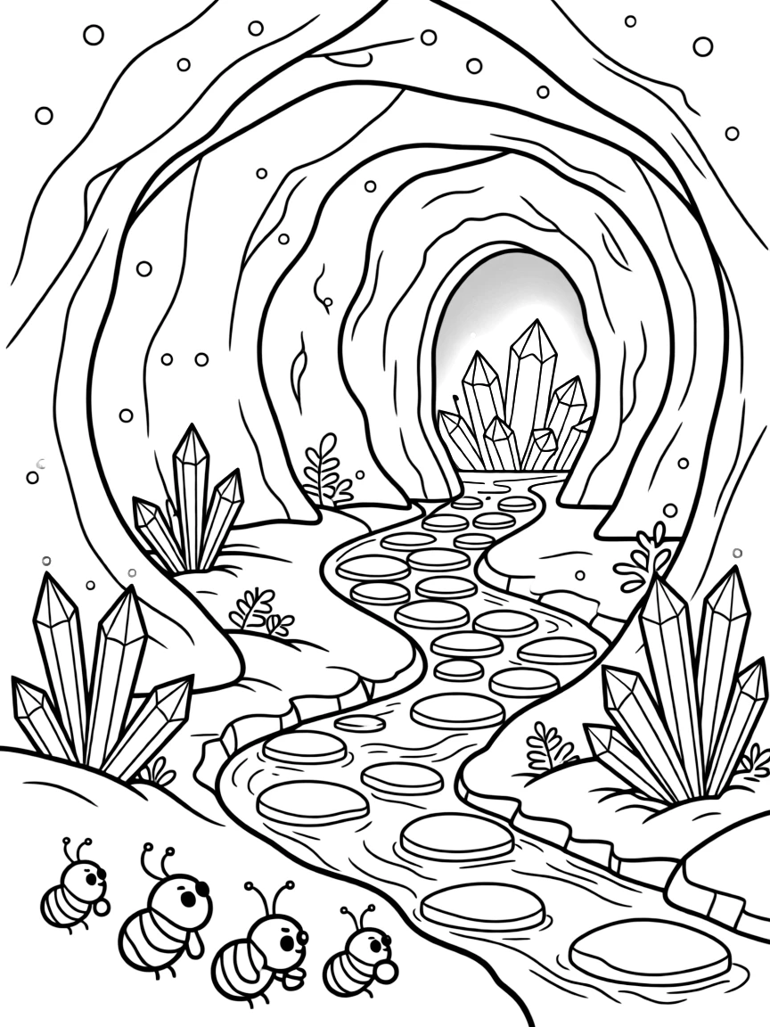 [Mystical Caves] A family of glowworms lights up the ceiling of a quiet underground cavern. A small underground stream trickles past clusters of glittering mineral formations. A narrow stone path winds between rock formations toward a hidden underground chamber. Soft blue light glows from the crystals, filling the cavern with a magical shimmer.
