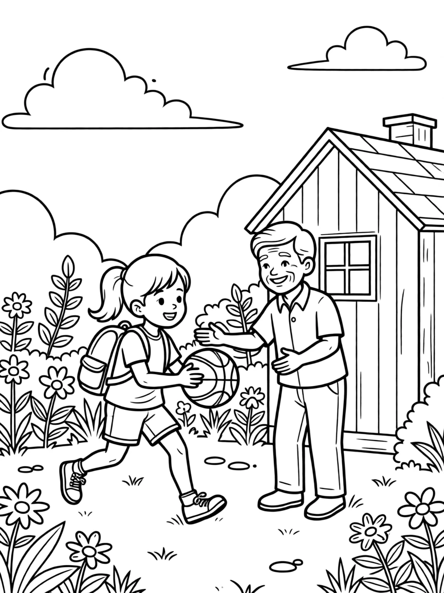 A girl with a backpack playing basketball together with a great-grandparent by a garden shed while fluffy clouds drift by.