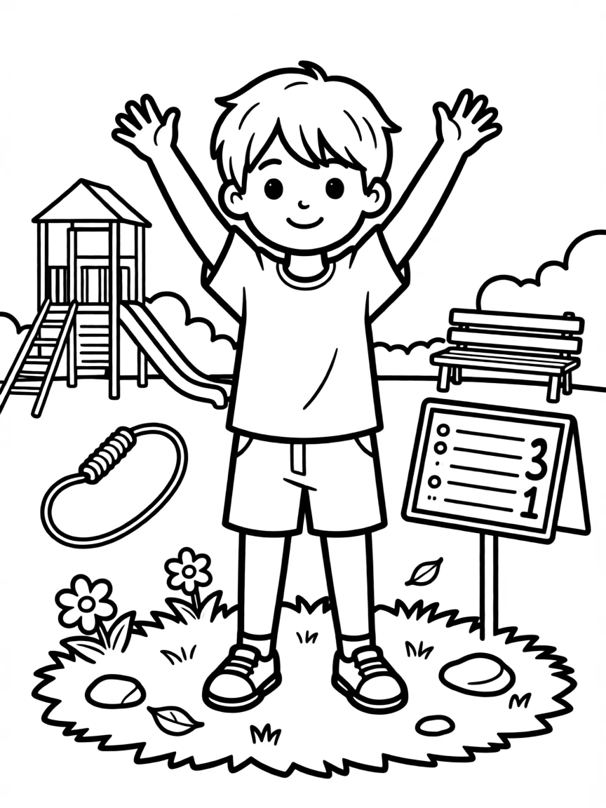 A shy new student, celebrating a personal best jump by raising both arms overhead.