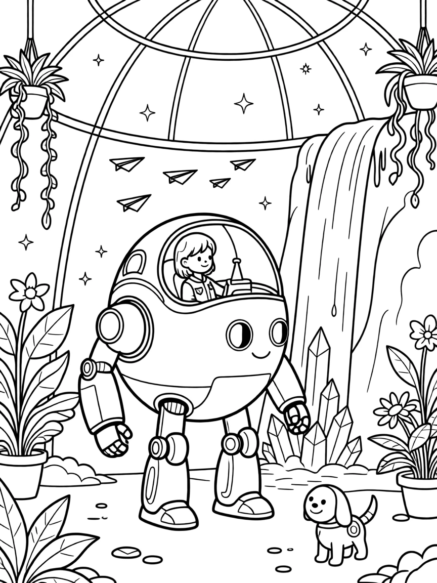 Young pilot Zinnia riding inside the friendly giant mech Cosmo Crusher collecting rainbow-colored ice crystals from a frozen waterfall, in a greenhouse dome growing plants from a dozen different planets, with a robot dog wagging its antenna tail and a fleet of paper airplanes gliding past nearby.