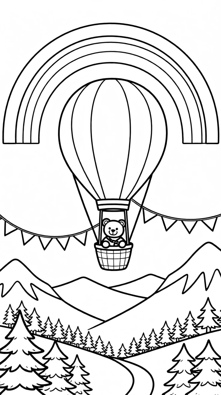 This page centers on a striped hot air balloon rising above rolling hills exploring a snowy mountain pass with pine trees dusted in white, featuring a teddy bear buckled safely into the passenger seat and little extras like a string of triangle pennant flags overhead and a rainbow arching across the sky.