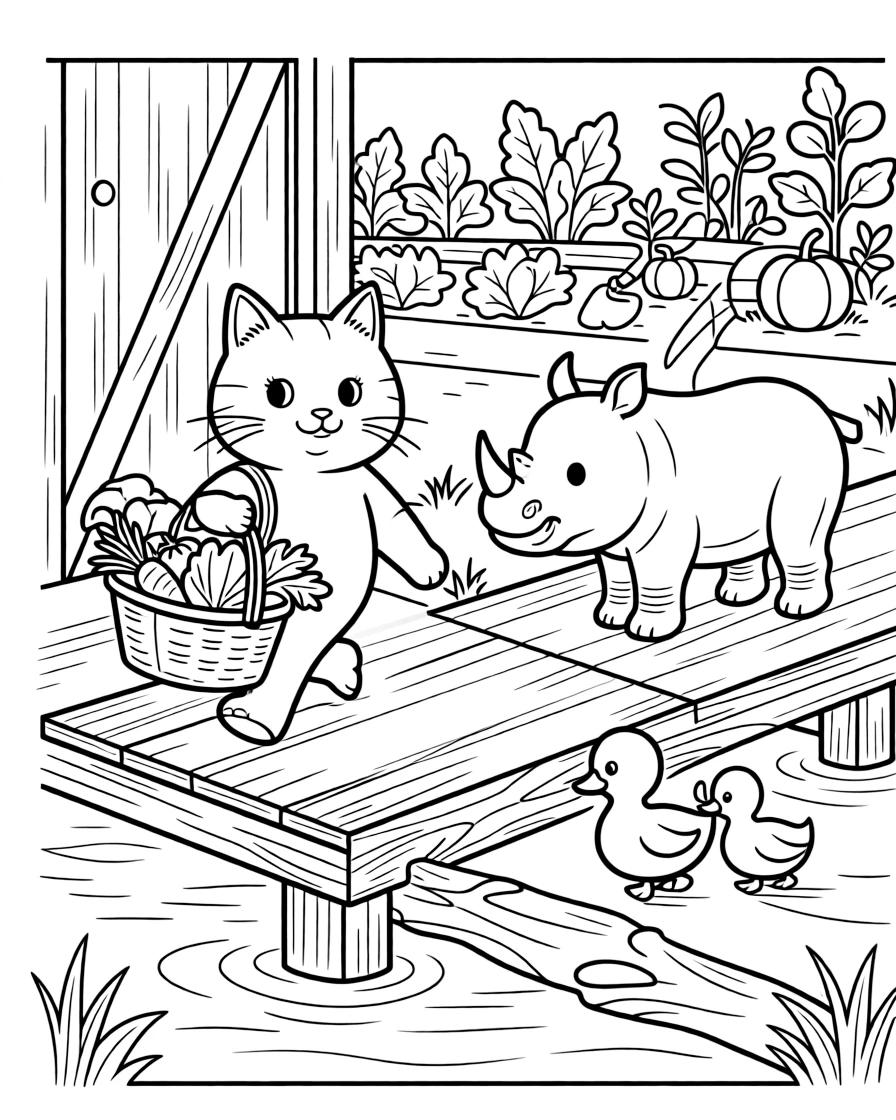A barn cat carrying a basket of vegetables with a rhino calf on a wooden dock over a pond, near a vegetable garden, with a family of ducklings following behind.