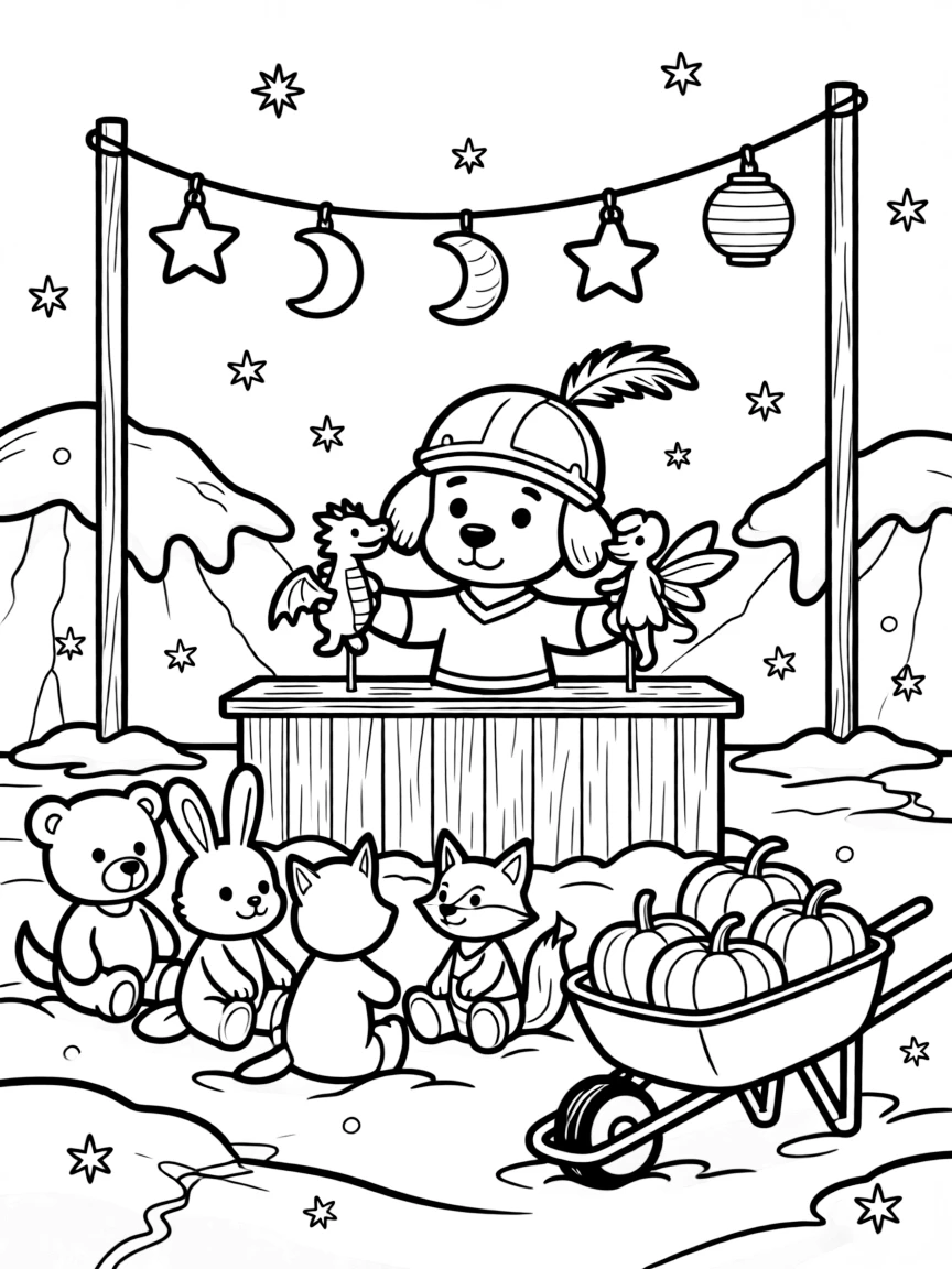 On an iceberg glittering under the northern lights, a playful knight in training puppy is busy putting on a puppet show for stuffed animal friends, cheered on by a string of lanterns swaying gently overhead and a wheelbarrow full of freshly picked pumpkins. It feels like the best day ever for everyone involved.
