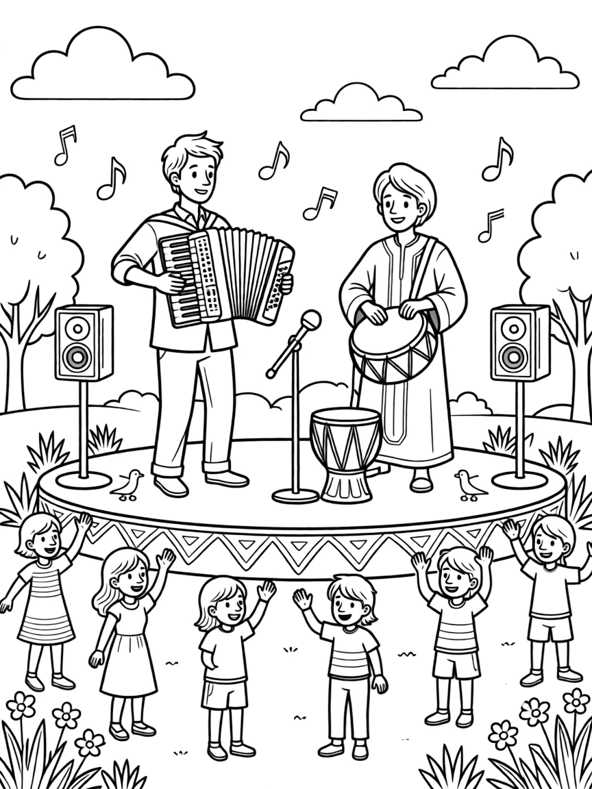 A coloring page capturing musicians playing raï music with an accordion and drums from Algeria, set on an outdoor stage with cheerful onlookers waving and swaying along.
