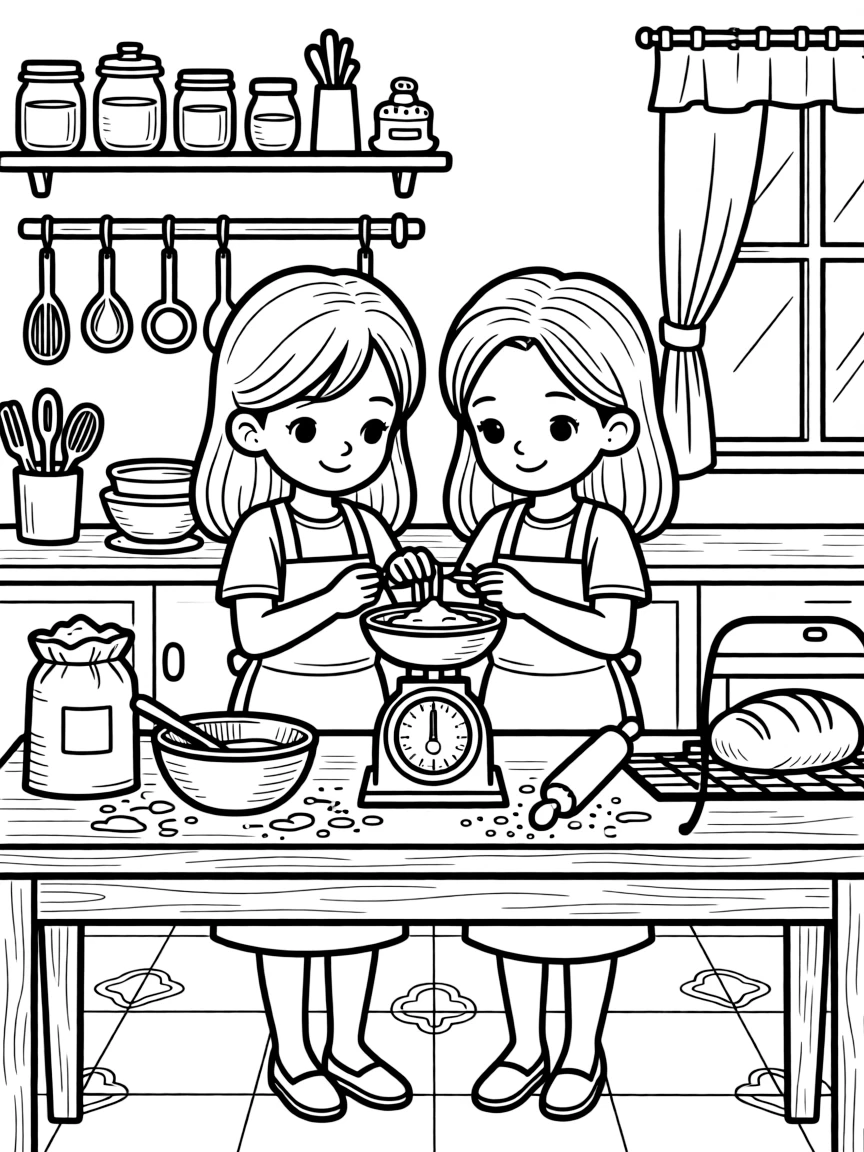 proud twin sisters measure ingredients on a scale while learning to bake bread at a bakery.