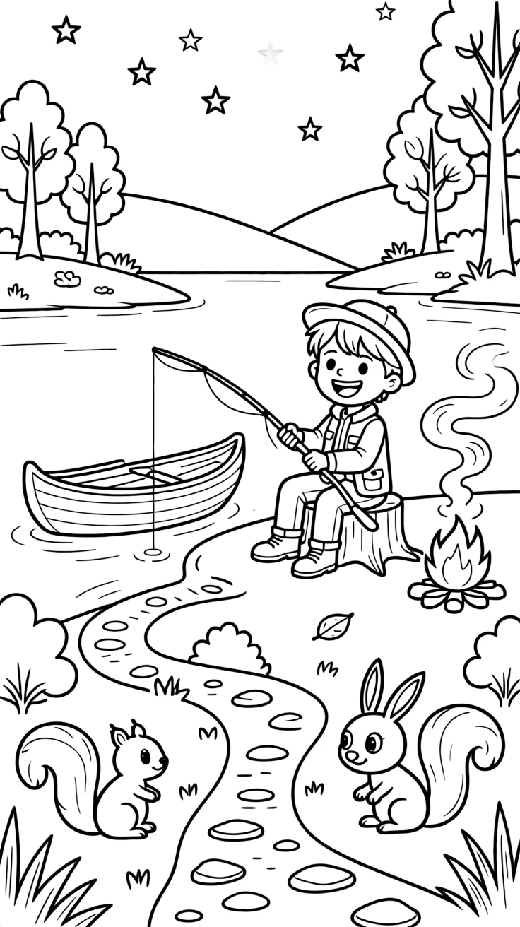 [Camping] a camper fishing by a lake paddling a canoe across a calm lake along a winding hiking trail, wide-eyed with wonder, while stars twinkle brightly overhead fills the surrounding area. Smoke curls gently up from the campfire. Set on a crisp autumn afternoon, with a light breeze blowing, the page bursts with adventure and imagination.