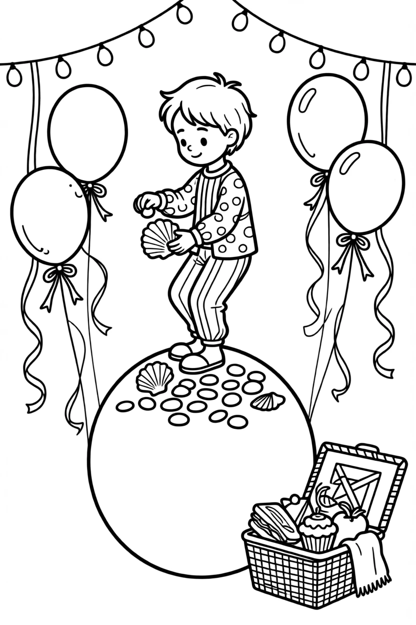 A young circus performer balancing on a big ball is sorting seashells and pebbles by size and color at a birthday party decorated with balloons and streamers. Just beyond, a picnic basket overflowing with treats and strings of fairy lights strung overhead give the moment a cozy feel.