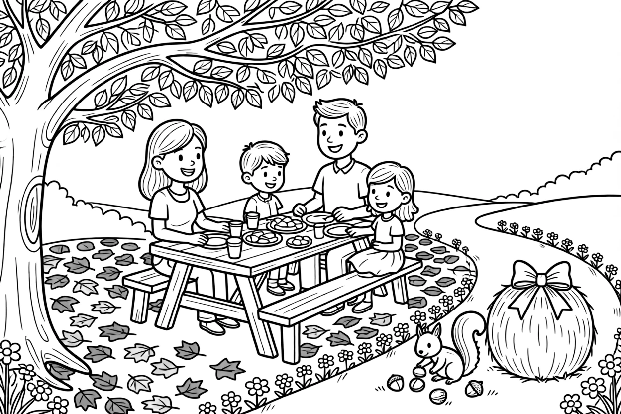 A close-up of a family sharing a meal under a leafy roof along a path covered in fallen red and orange leaves, surrounded by a squirrel gathering acorns and a hay bale decorated with a bow.