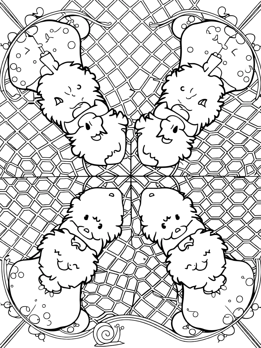 Mythical & Fantasy Creatures: The design turns a baby yeti with shaggy rounded fur into a kaleidoscope-style composition anchored by a honeycomb mandala tiled from small hexagon cells. The imagery is split into four mirrored quadrants that meet at the center, each quadrant a rotated echo of the next. Decorative details fill the surrounding space, including a grid of lattice diamonds, clusters of round bubbles, and twisting berry-vine garlands woven throughout the background. A playful extra touch completes the page: a little snail resting quietly on one of the larger shapes.