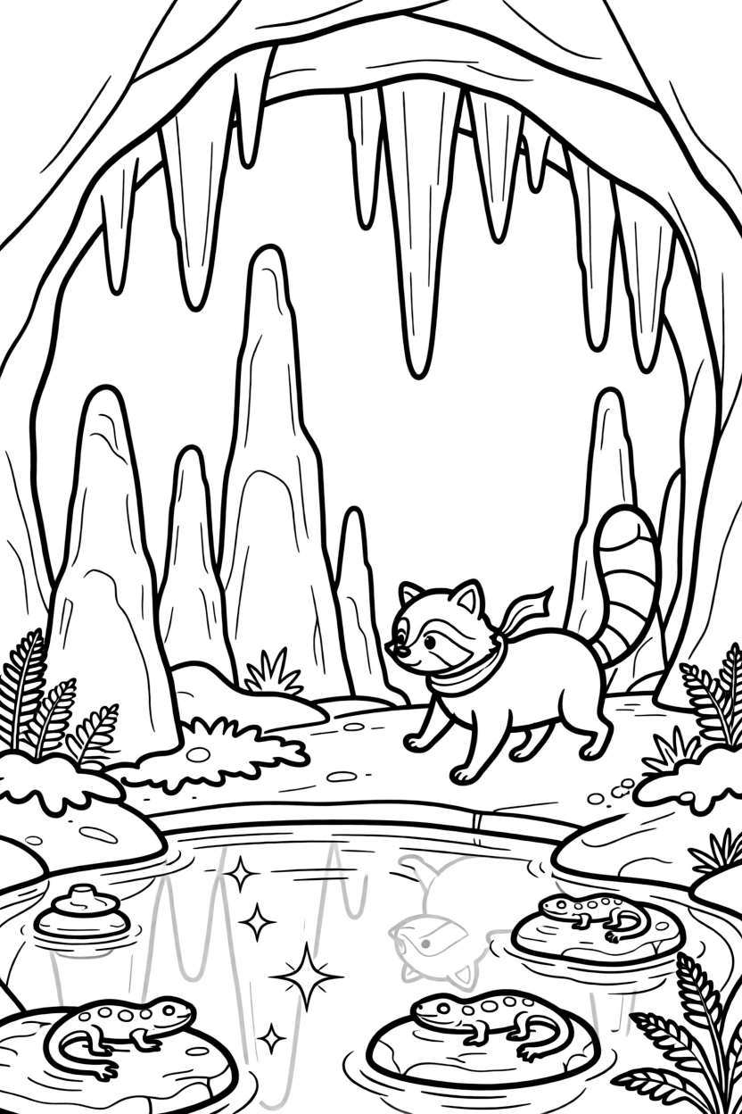 [Mystical Caves] A curious raccoon wanders past towering stalagmites deep inside a hidden cave. Salamanders rest on damp stones near a pool reflecting the glow of crystal light. Towering stalactites and stalagmites form natural archways throughout the glittering cavern. Shimmering light reflects off the underground pool, filling the cave with sparkle.