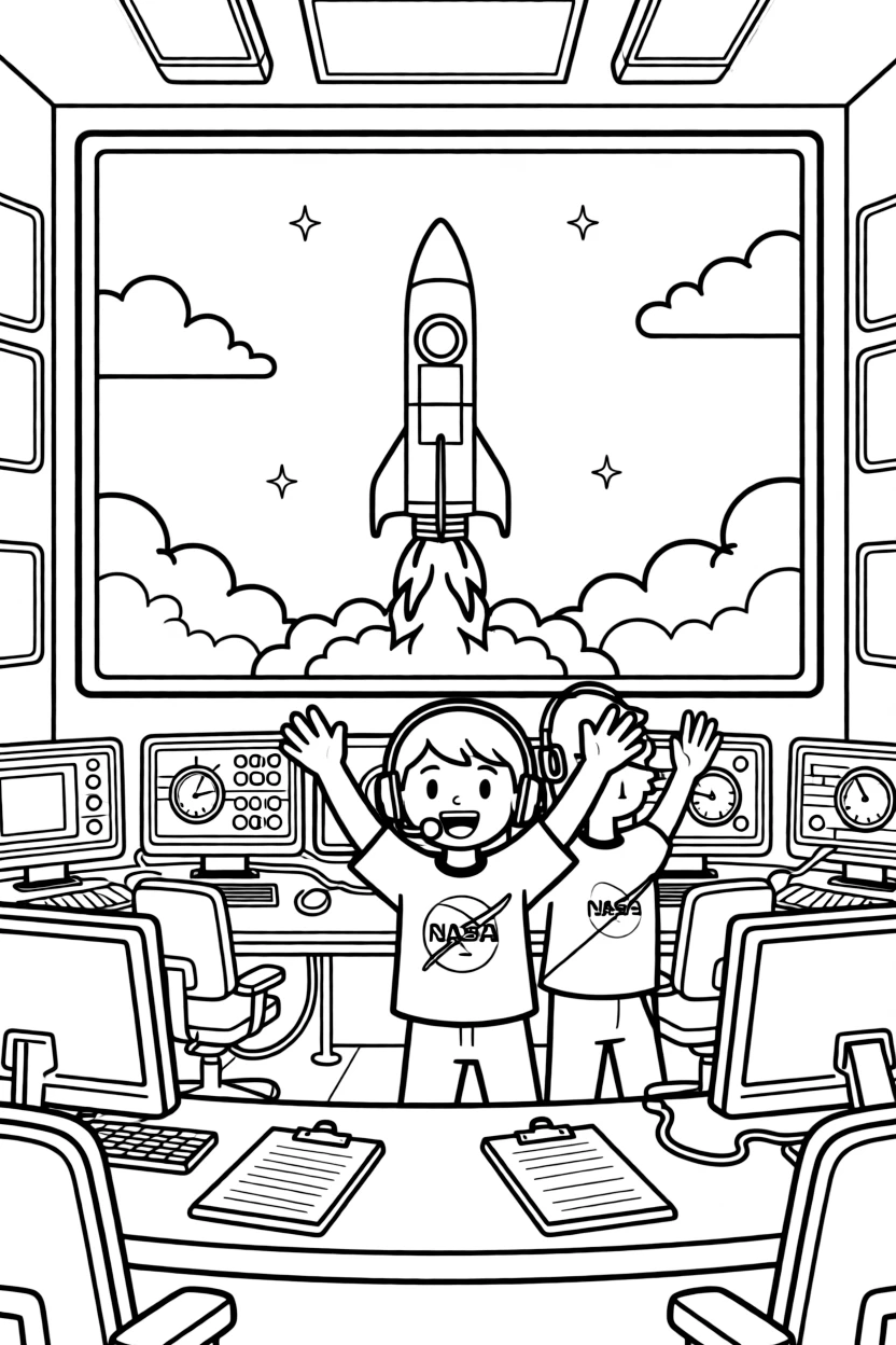 A NASA mission control worker cheers as a rocket lifts off on a big screen.