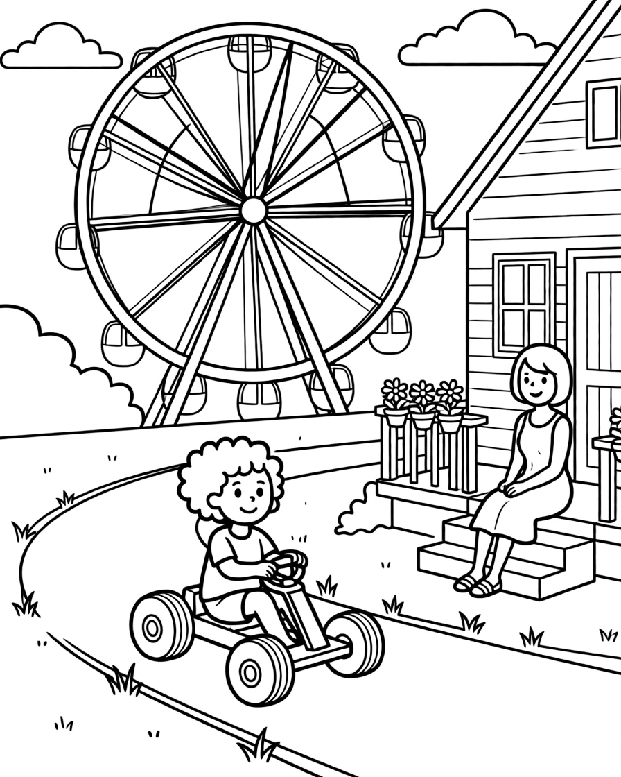 A curly-haired girl racing a go-kart with an aunt on the front porch steps while a ferris wheel spins in the distance.