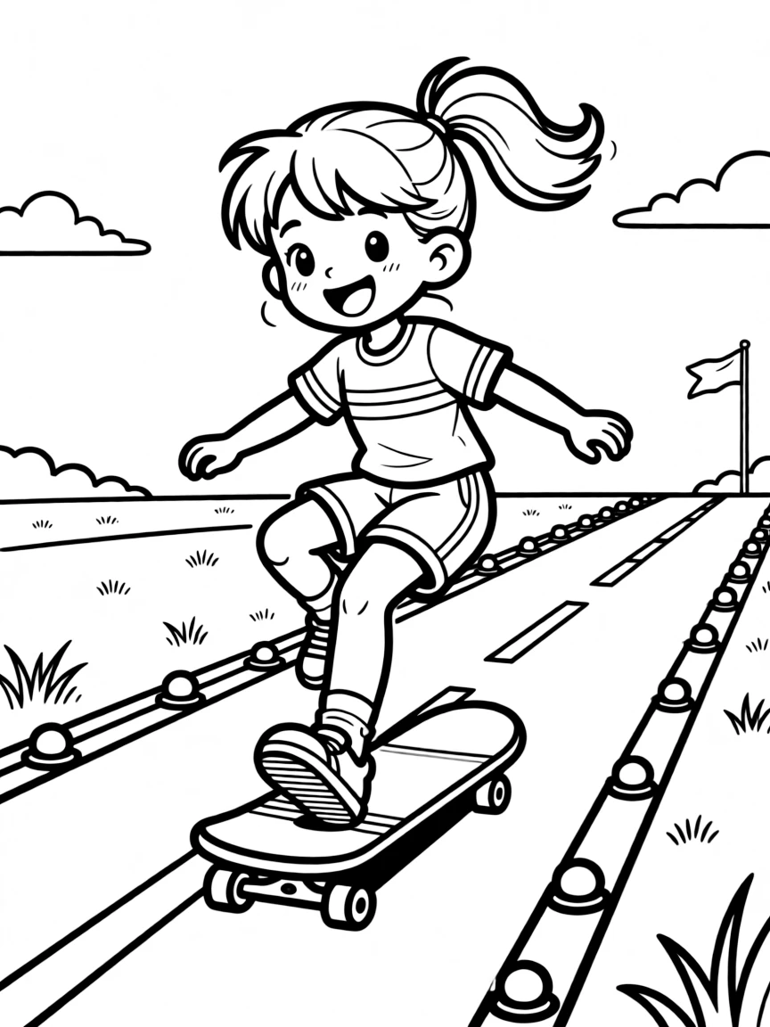 An energetic girl with a big smile, practicing the takeoff step at a painted board on the runway.