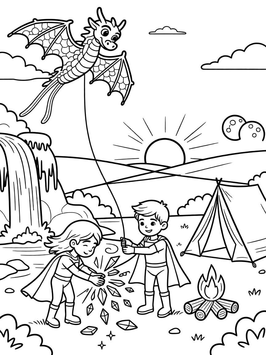 Twin superhero siblings Ionia (light-bending) and Circuit (gravity-bending) collecting rainbow-colored ice crystals from a frozen waterfall near a quiet campsite on a moon with two setting suns, surrounded by a kite shaped like a friendly dragon flying overhead and a pair of moons rising over the horizon.