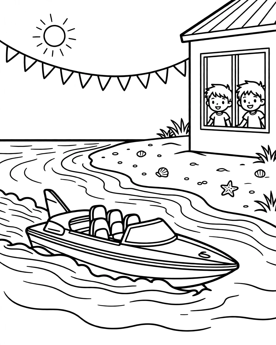The scene captures a hydroplane racing boat skimming across the water in the middle of a sunny sandy beach where waves roll onto the shore, with twin siblings pressing their faces to the window nearby and a string of triangle pennant flags overhead sprinkled around for extra fun.