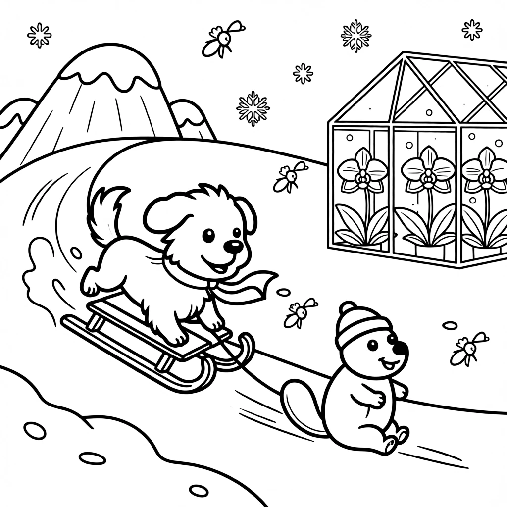 A playful puppy on an iceberg in the arctic sea, sledding down a snowy hill with a beaver, next to a orchid greenhouse, with fireflies twinkling nearby.