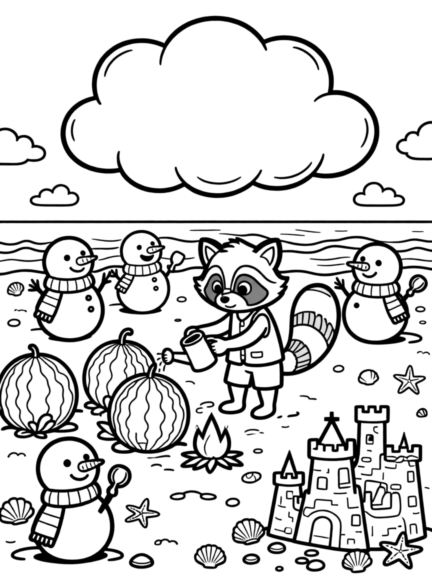At the beach among sandcastles and seashell forts, a tiny campfire spirit raccoon is busy growing a garden of giant, striped watermelons, cheered on by a group of snowmen wearing matching scarves and a cloud shaped like a giant marshmallow. It's shaping up to be the happiest day in the whole kingdom.