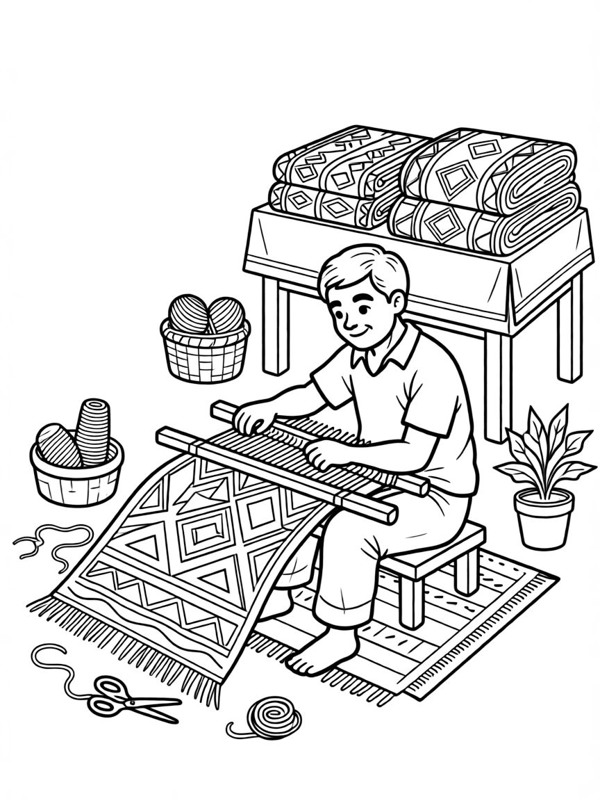 A coloring page showing a creative craft moment in Algeria: a craftsman weaving a patterned rug with geometric Berber designs, with finished pieces displayed proudly on a nearby table.