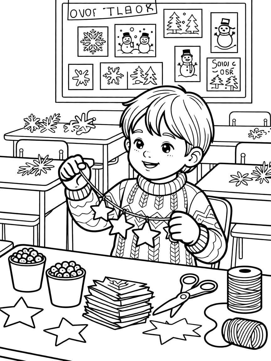 an adventurous small child strings popcorn and paper stars for a winter classroom celebration.