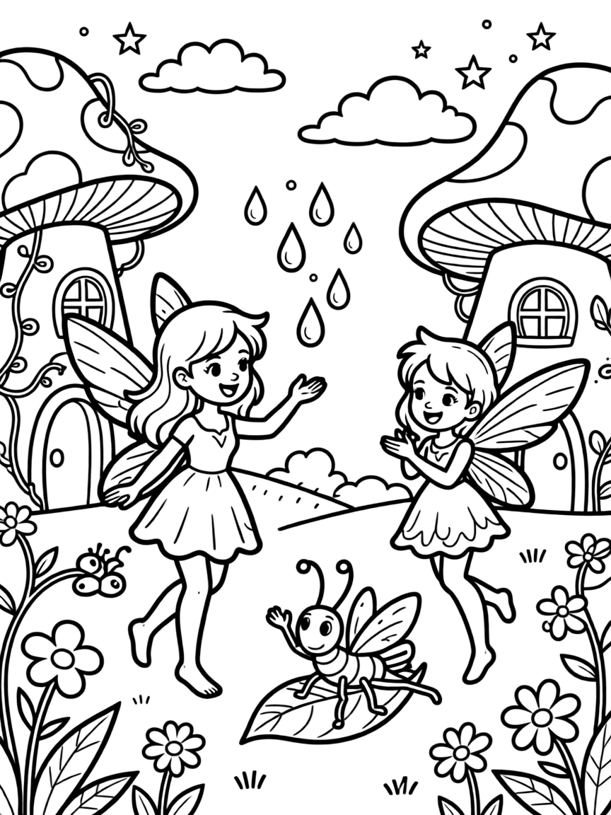A fairy village hosts a talent show, one fairy juggling dewdrops while another sings a duet with a cricket.