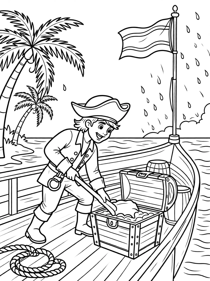[Pirates] a jolly pirate captain digging up a buried treasure chest on the deck of a pirate ship, looking determined and brave. Nearby, palm trees sway along the shoreline. A weathered flag flutters from the mast. The scene is captured just after a rainstorm, with a light breeze blowing, giving the page a lively and adventurous feel that invites plenty of colorful detail.