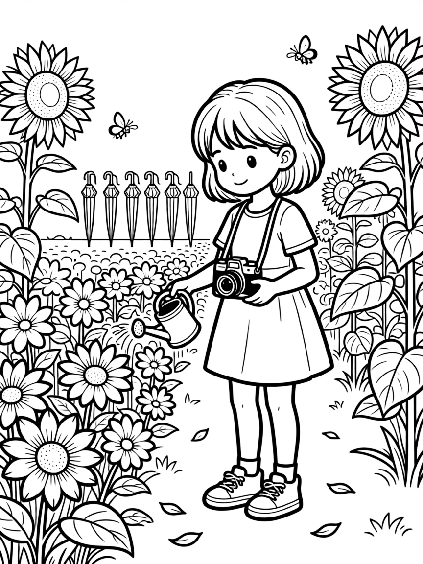 A girl photographer with an old-fashioned camera is watering rows of flowers with a tiny watering can in a sunflower field at golden hour. Close by, scattered flower petals drifting in the breeze and a row of colorful umbrellas add to the delightful moment.