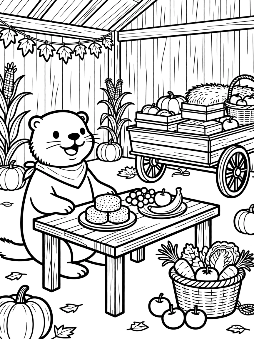 A playful otter sitting beside a table set with rice cakes and fresh fruit at a rustic barn decorated with autumn produce, with a basket brimming with fresh vegetables and a farmer's cart loaded with produce scattered about.