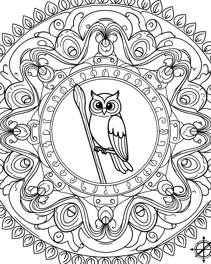 Mythical & Fantasy Creatures: The main subject is a wise old wizard's owl companion perched on a staff, drawn as the focal point of a cloud-ring mandala made of puffy overlapping curves. It is placed at the very center of the page, with the surrounding rings growing larger and more detailed toward the outer edge. Decorative details fill the surrounding space, including loops of ribbon curling back on themselves, clusters of tiny acorns, and rows of teardrop-shaped petals woven throughout the background. A playful extra touch completes the page: a tiny compass shape resting in one corner of the design.