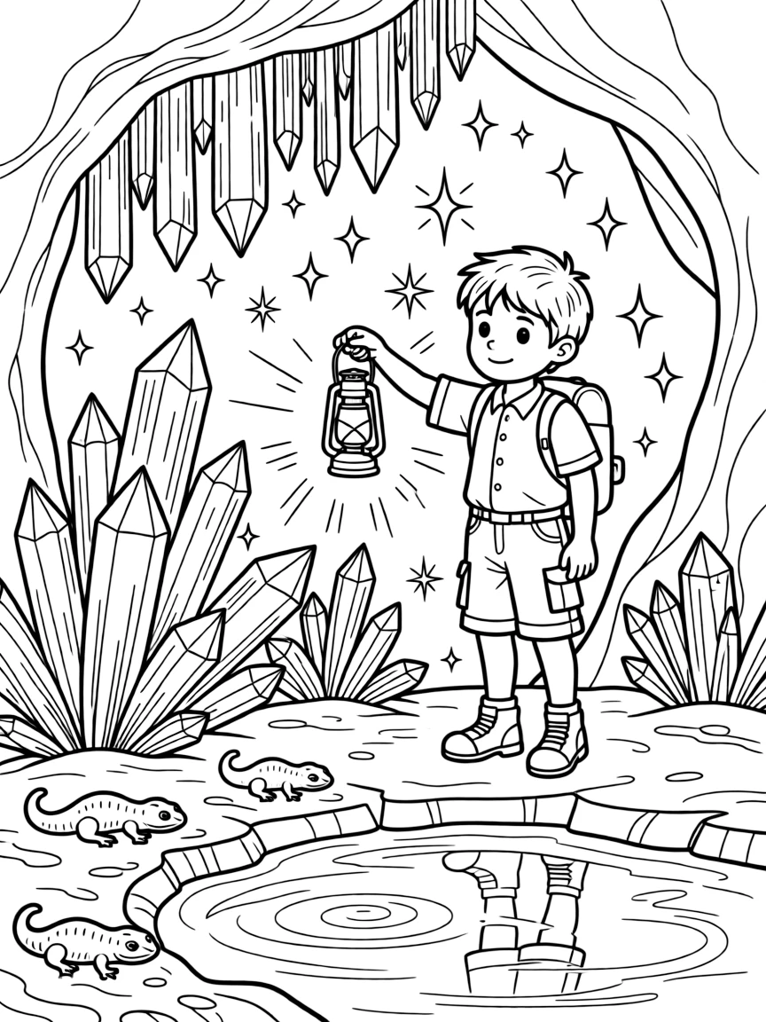 [Mystical Caves] A young explorer holds up a lantern, illuminating a cave wall covered in sparkling crystals. Salamanders rest on damp stones near a pool reflecting the glow of crystal light. Glowing crystals embedded in the cave walls light the path like tiny stars. Cool, still air fills the cave as lantern light flickers across the crystal walls.