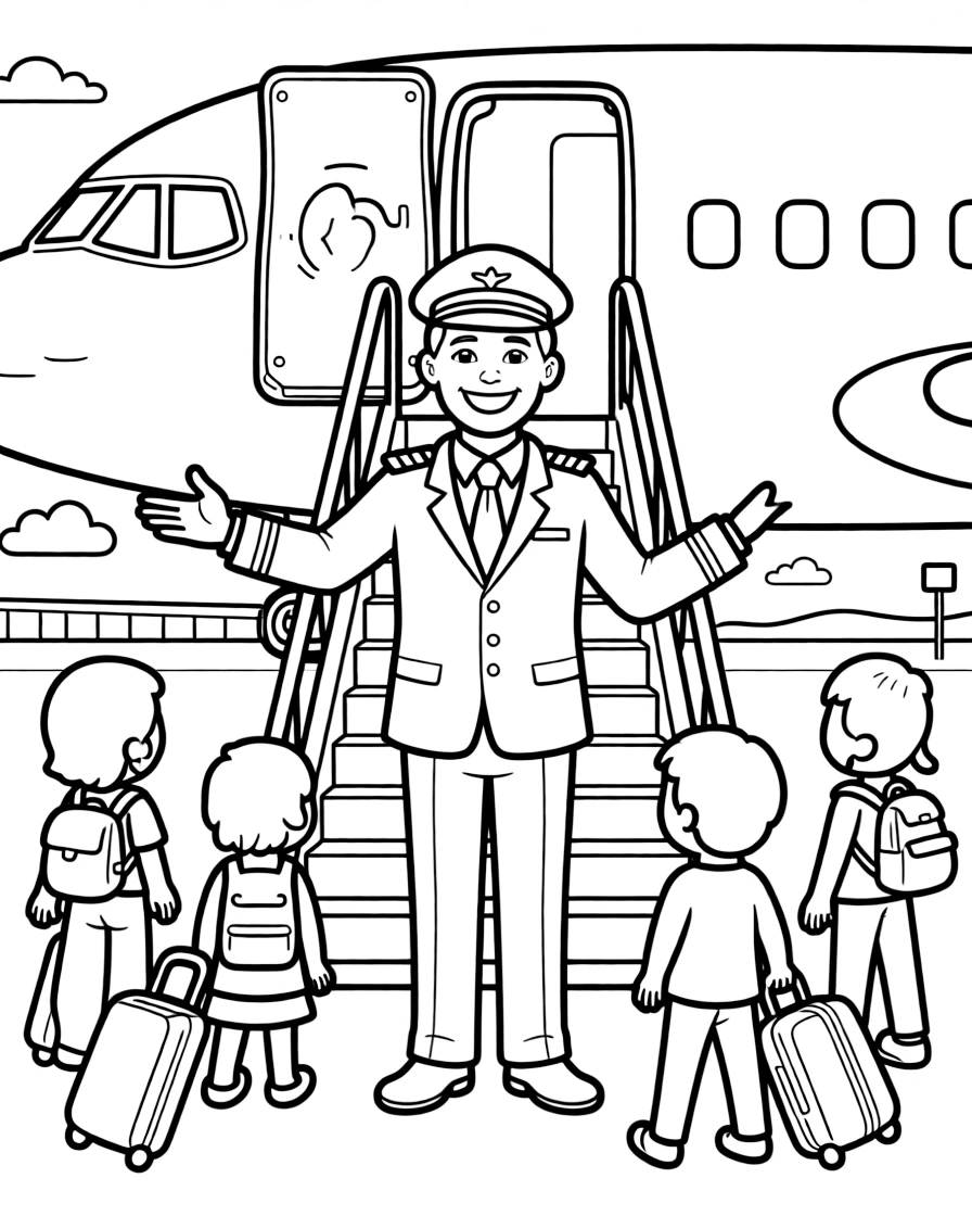 A commercial airline pilot greets passengers boarding a plane at the gate.