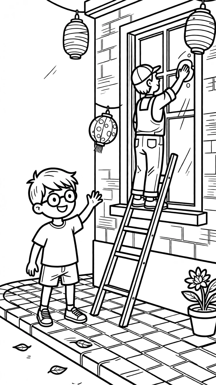 A boy with glasses waving from the sidewalk at a window washer with paper lanterns swaying gently.