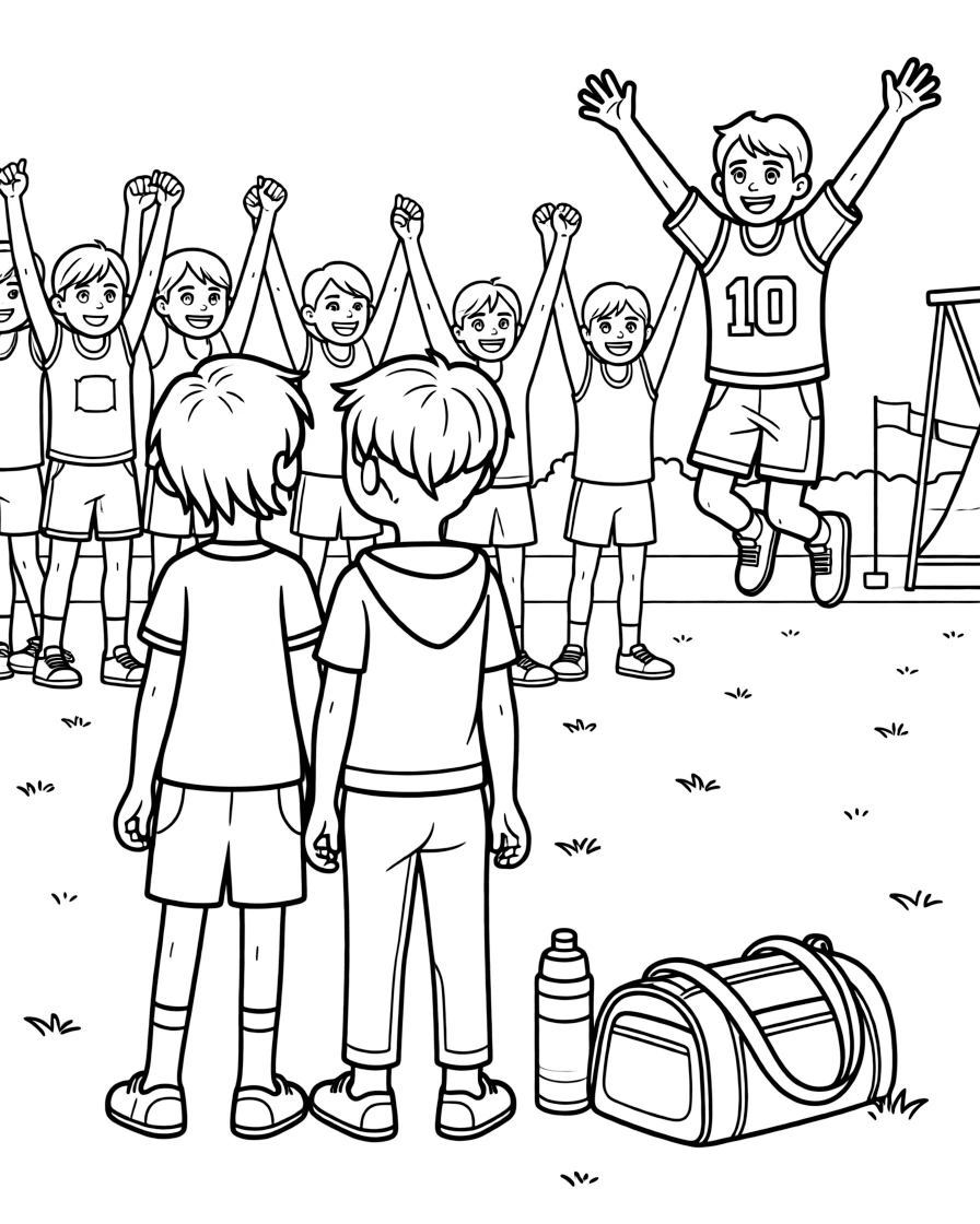 A pair of twin siblings, watching teammates cheer from the side as they prepare for their jump.