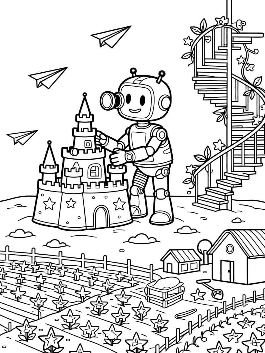 Dyno, a robot with a periscope head building a sandcastle shaped like a spaceship on a red planet beach near a peaceful farming colony with fields of star-shaped crops, surrounded by a fleet of paper airplanes gliding past and a spiral staircase wrapped in glowing vines.