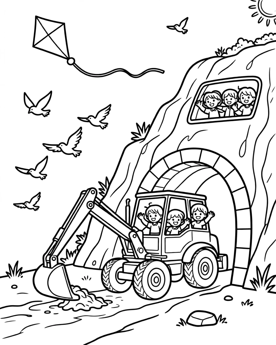 In this scene, a backhoe loader scooping earth with its front bucket is the star of a tunnel cutting through a rocky mountainside, joined by a group of cheerful kids waving from the windows, with a kite dancing in the breeze above and a flock of birds flying alongside in formation scattered throughout for kids to color.