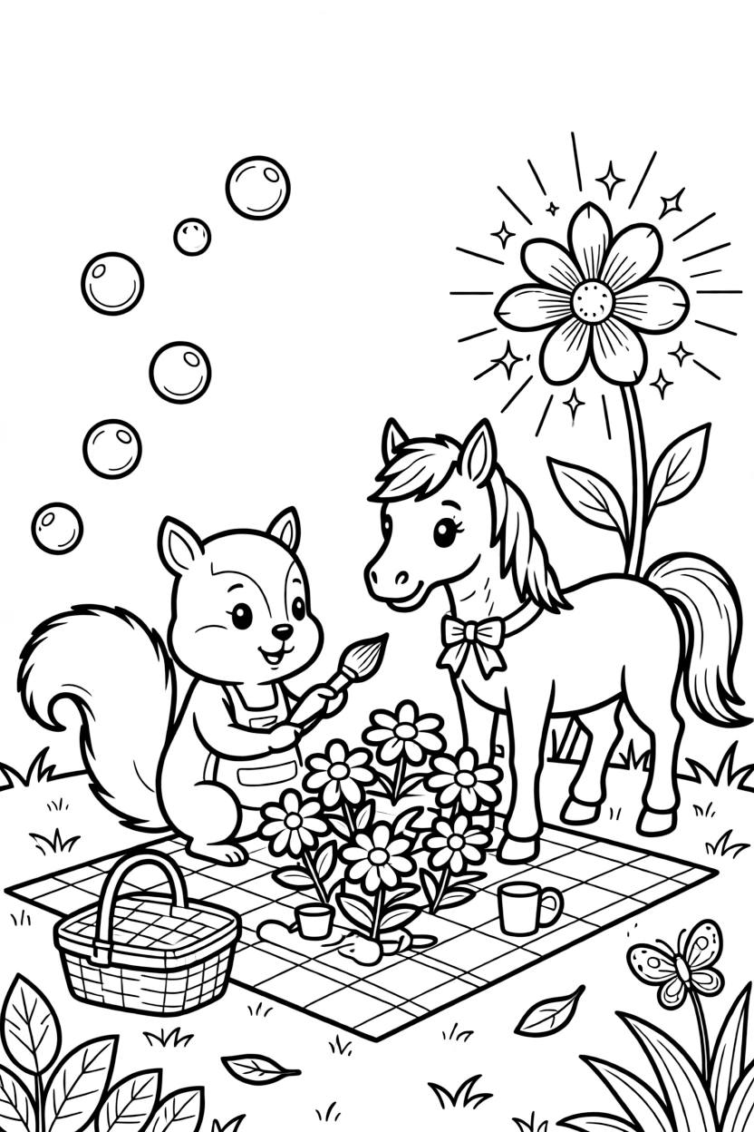 A chipmunk painting flowers with a foal at a picnic in the park, near a magical glowing flower, as bubbles float up into the sky.