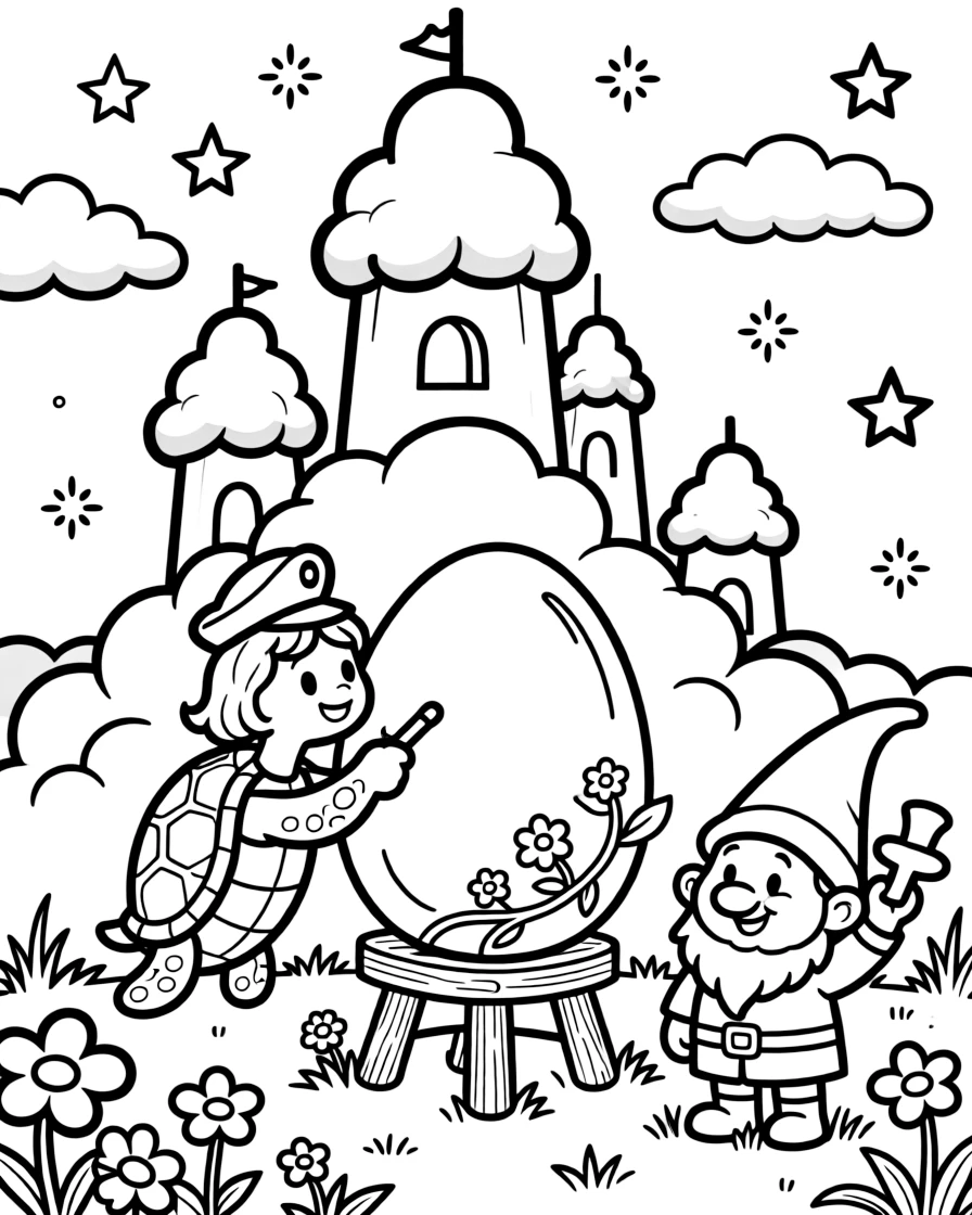 In a cloud kingdom with fluffy white towers, a chirpy sea turtle sailor discovers the joy of painting a mural across an enormous eggshell, while a garden gnome tipping his pointy hat watches happily nearby. Sparkles and stars fill the air with magic.