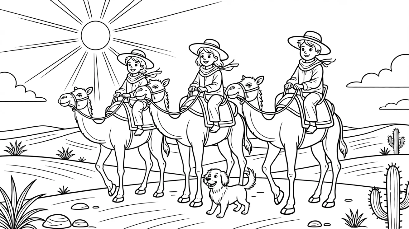 A coloring page capturing everyday life in Algeria: a family riding camels through the Sahara dunes at sunset, with a loyal pet nearby and a warm sun shining overhead.