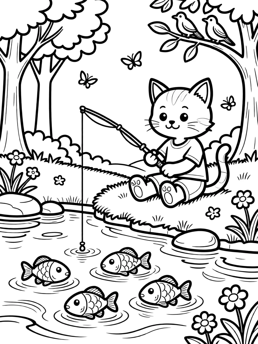 an adventurous a kitten learns to count fish while fishing beside a quiet forest stream.