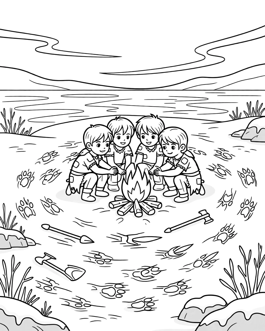 [Prehistoric Worlds] a group gathered around a fire tracking animal footprints across snow on a frozen prehistoric plain, looking determined and brave, while simple tools lie scattered nearby fills the surrounding area. Stone tools sit neatly arranged nearby. Set on a foggy morning, with heat waves shimmering in the distance, the page bursts with adventure and imagination.