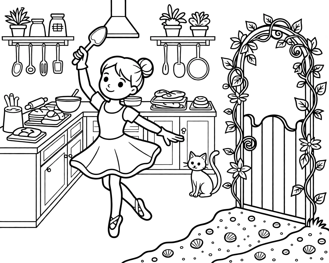 A girl gardener with a trowel and gloves is practicing gentle ballet twirls inside a cheerful bakery kitchen. a garden gate covered in climbing ivy and glittering seashells scattered on the sand round out the happy picture.