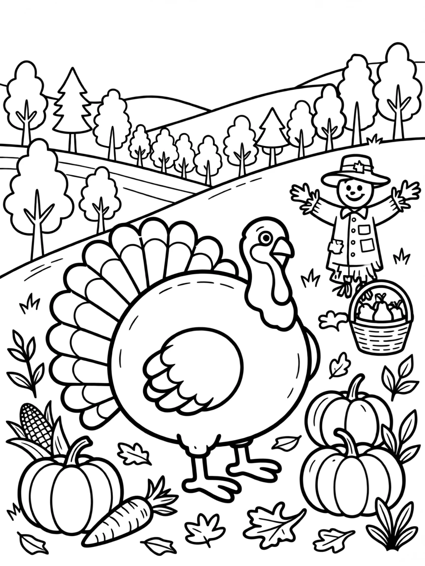 A roasted turkey surrounded by autumn vegetables on a hillside overlooking a valley of changing leaves, with a scarecrow with a patched hat and a bushel basket of pears nearby.