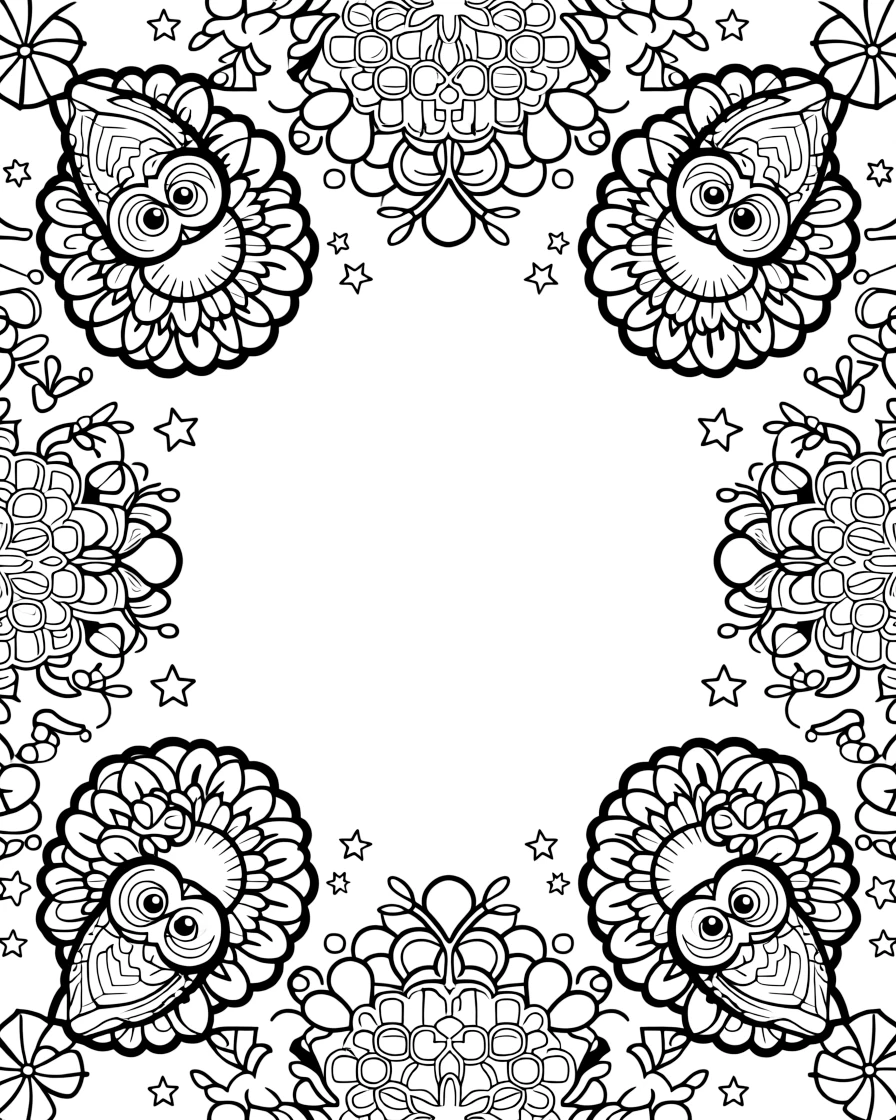 Mythical & Fantasy Creatures: The page centers on a repeating motif of a wise old wizard's owl companion perched on a staff, built around a layered rosette mandala with overlapping round petals. The motif is arranged evenly around the four edges of the page, forming a continuous decorative frame around a clear center space. Decorative details fill the surrounding space, including pinwheel blades spinning in place, rows of gentle leaf veins branching outward, and a field of tiny honeycomb cells woven throughout the background. A playful extra touch completes the page: a scattering of small stars filling in any open gaps in the pattern.