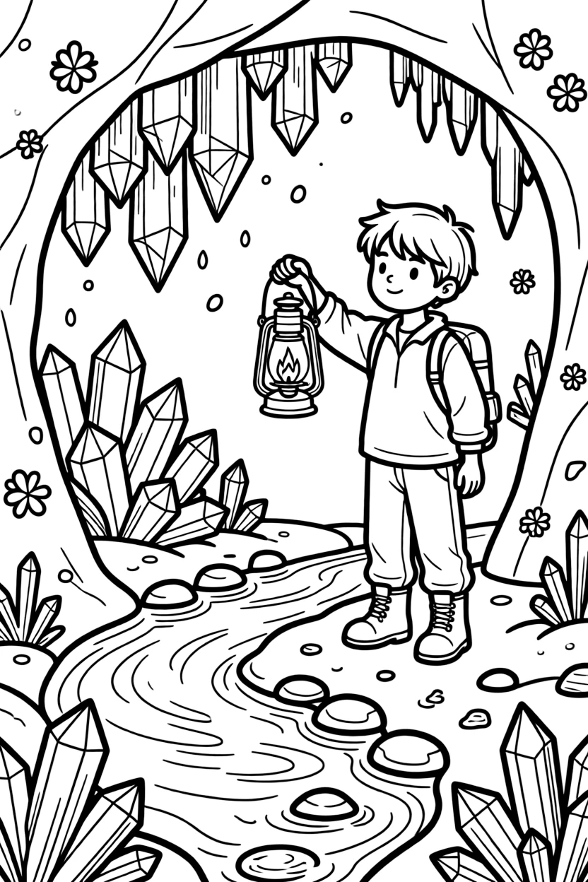 [Mystical Caves] A young explorer holds up a lantern, illuminating a cave wall covered in sparkling crystals. A small underground stream trickles past clusters of glittering mineral formations. Smooth cave walls are dotted with clusters of amethyst and quartz crystals. Shimmering light reflects off the underground pool, filling the cave with sparkle.