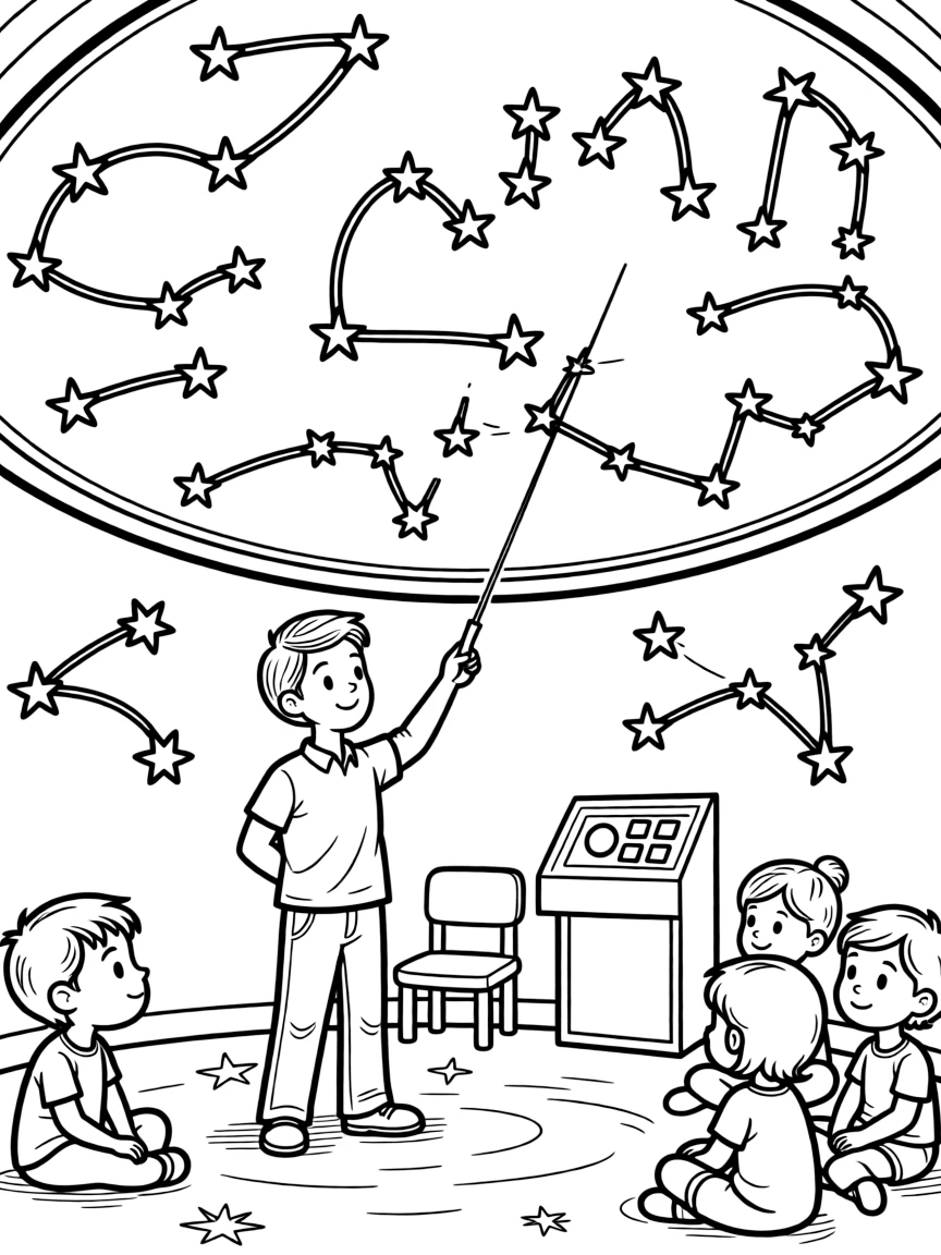 A planetarium presenter points a laser at glowing constellations on a domed ceiling.