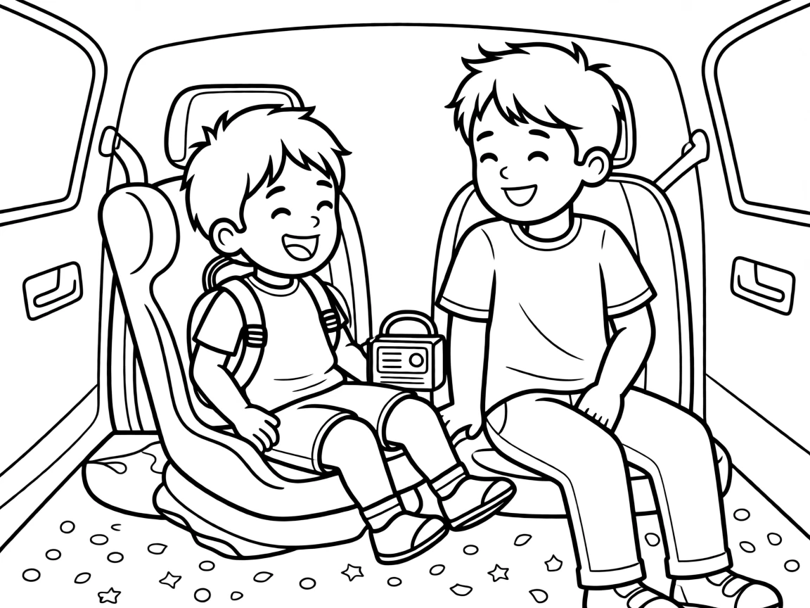A boy with a backpack singing along to the radio in a car seat with a big brother with confetti scattered on the ground.