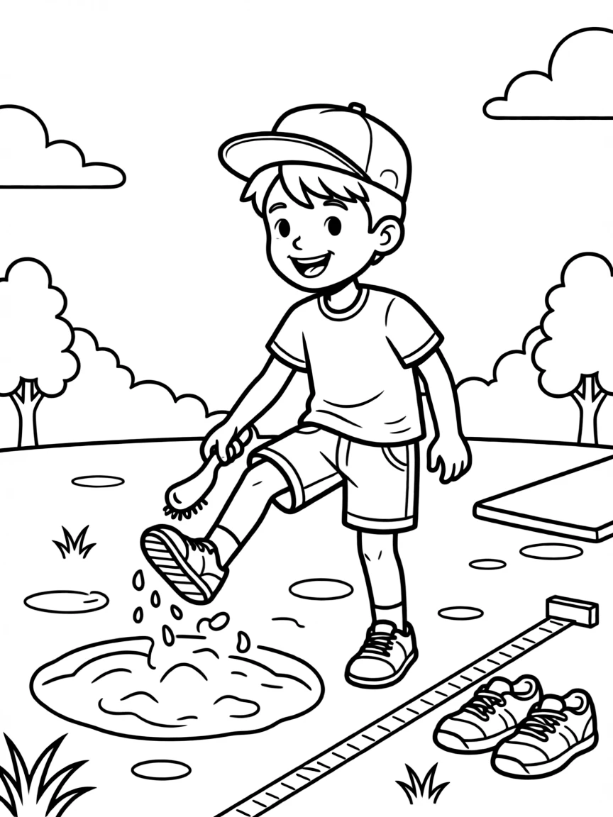 A confident boy wearing a bright cap, brushing sand off their legs after landing a long jump attempt.