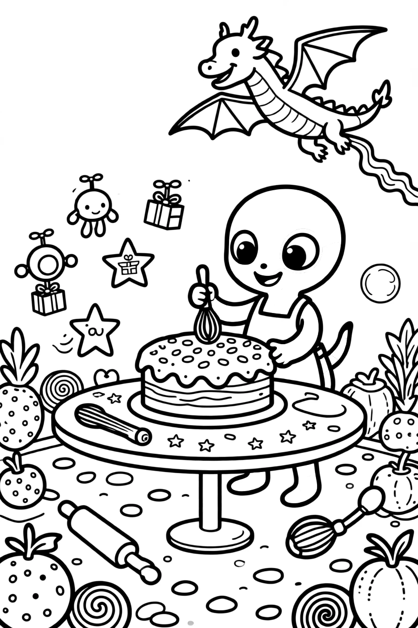 Klip, an alien with rainbow-striped skin helping bake a giant space cake for the colony's founding day, in a colorful alien marketplace filled with strange fruits and gadgets, with tiny drones buzzing around delivering packages and a kite shaped like a friendly dragon flying overhead nearby.