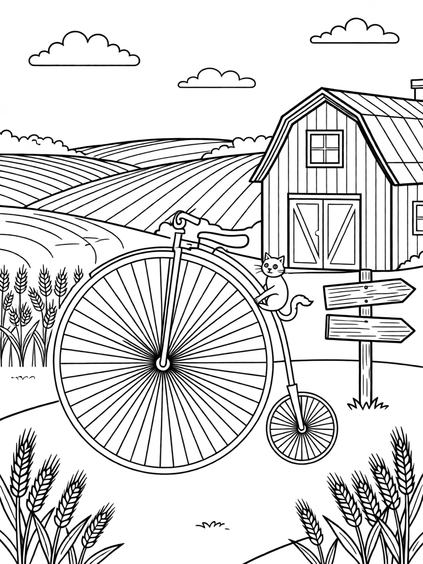 A penny-farthing bicycle with one giant front wheel is shown journeying through a sunny farm with a red barn and rolling wheat fields, with a curious cat perched on the hood close by and an old wooden signpost pointing to faraway towns completing the lively scene.