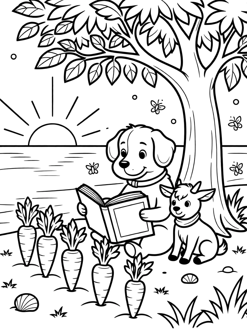A sheepdog reading a storybook under a tree with a goat kid on a tropical beach at sunset, near a row of carrots, with fireflies twinkling nearby.