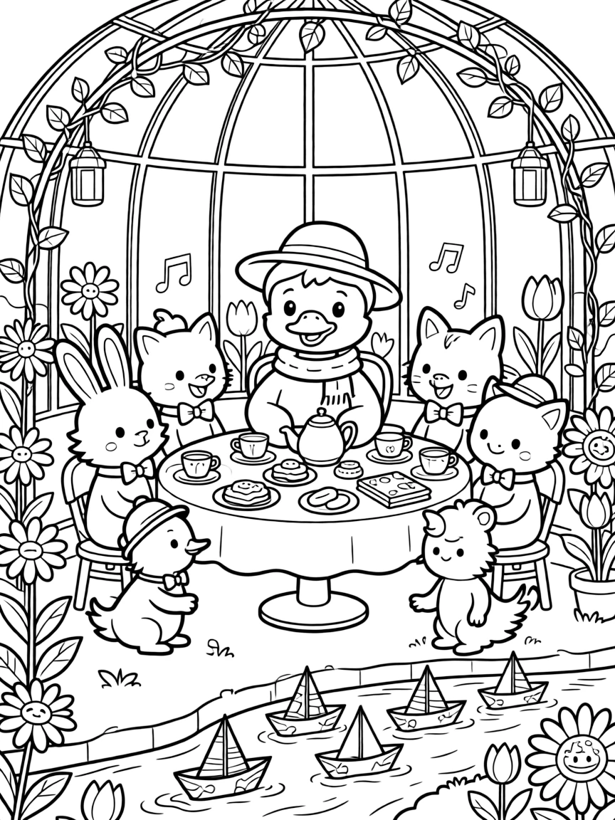 A sparkly duckling explorer takes a break from adventures to try hosting a tea party for a dozen new friends in a greenhouse filled with singing flowers, with a fleet of tiny paper boats racing along close behind. The whole scene bursts with joy and adventure.